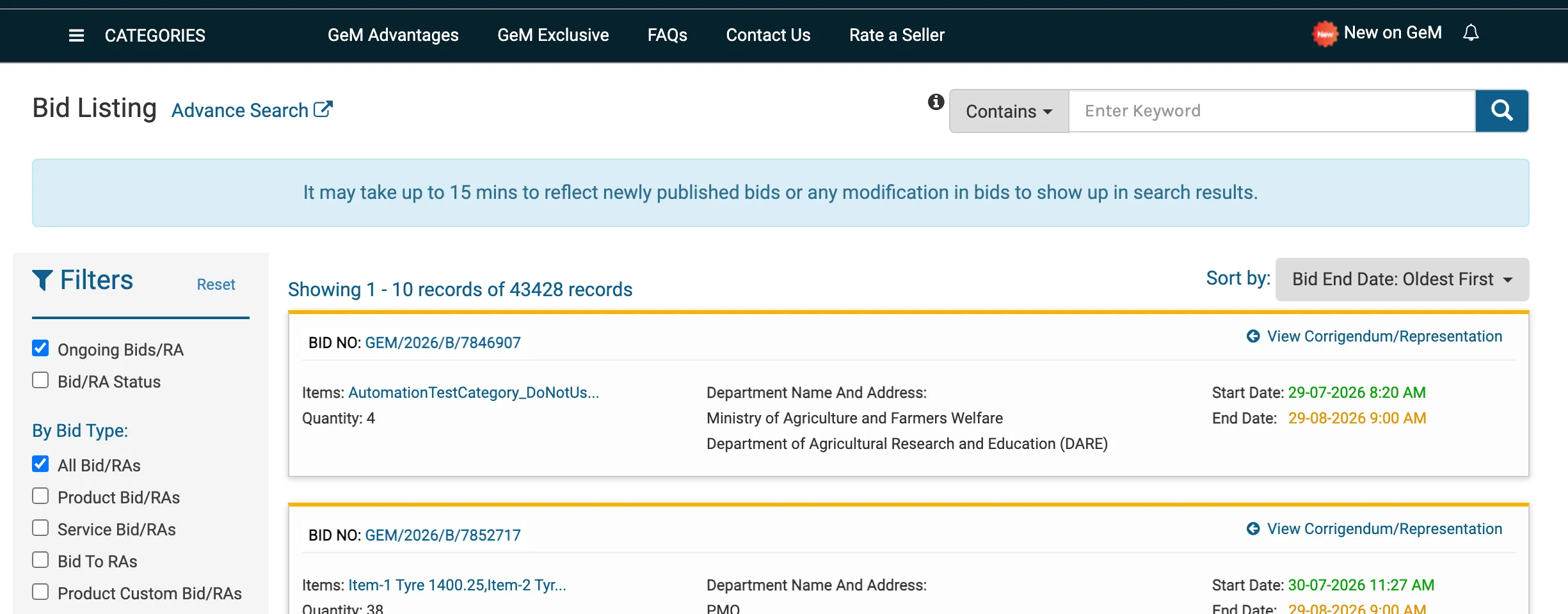GeM's Bid Listing page: a keyword search box above a list of live bids, with a filter column down the left.