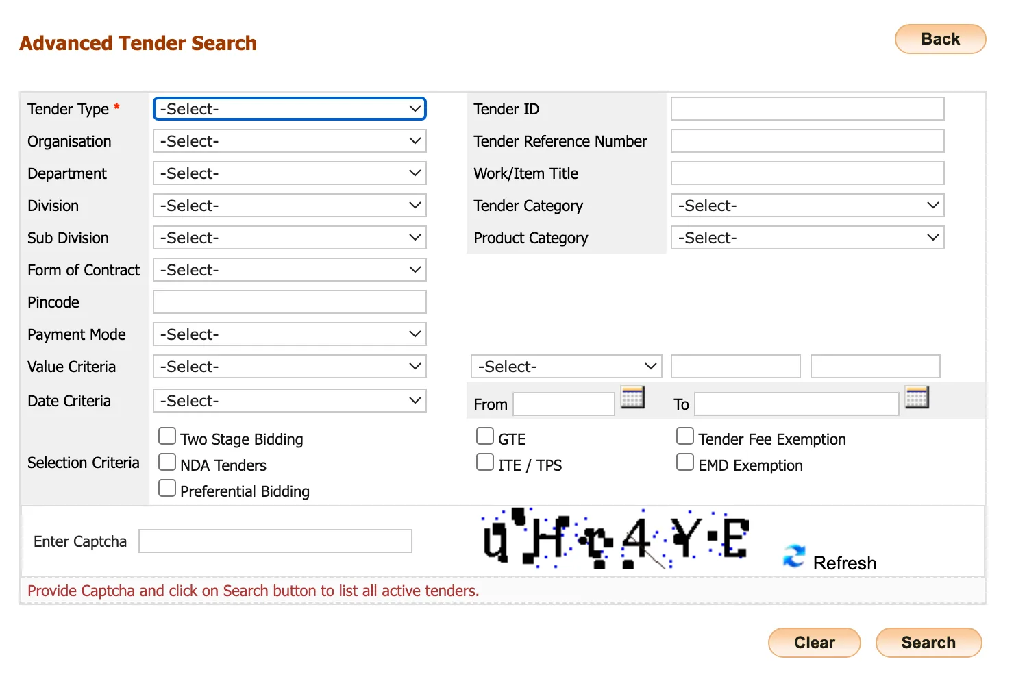 The Advanced Tender Search form on a government e-procurement portal: two columns of dropdowns and text fields, with a captcha and a Search button at the foot.